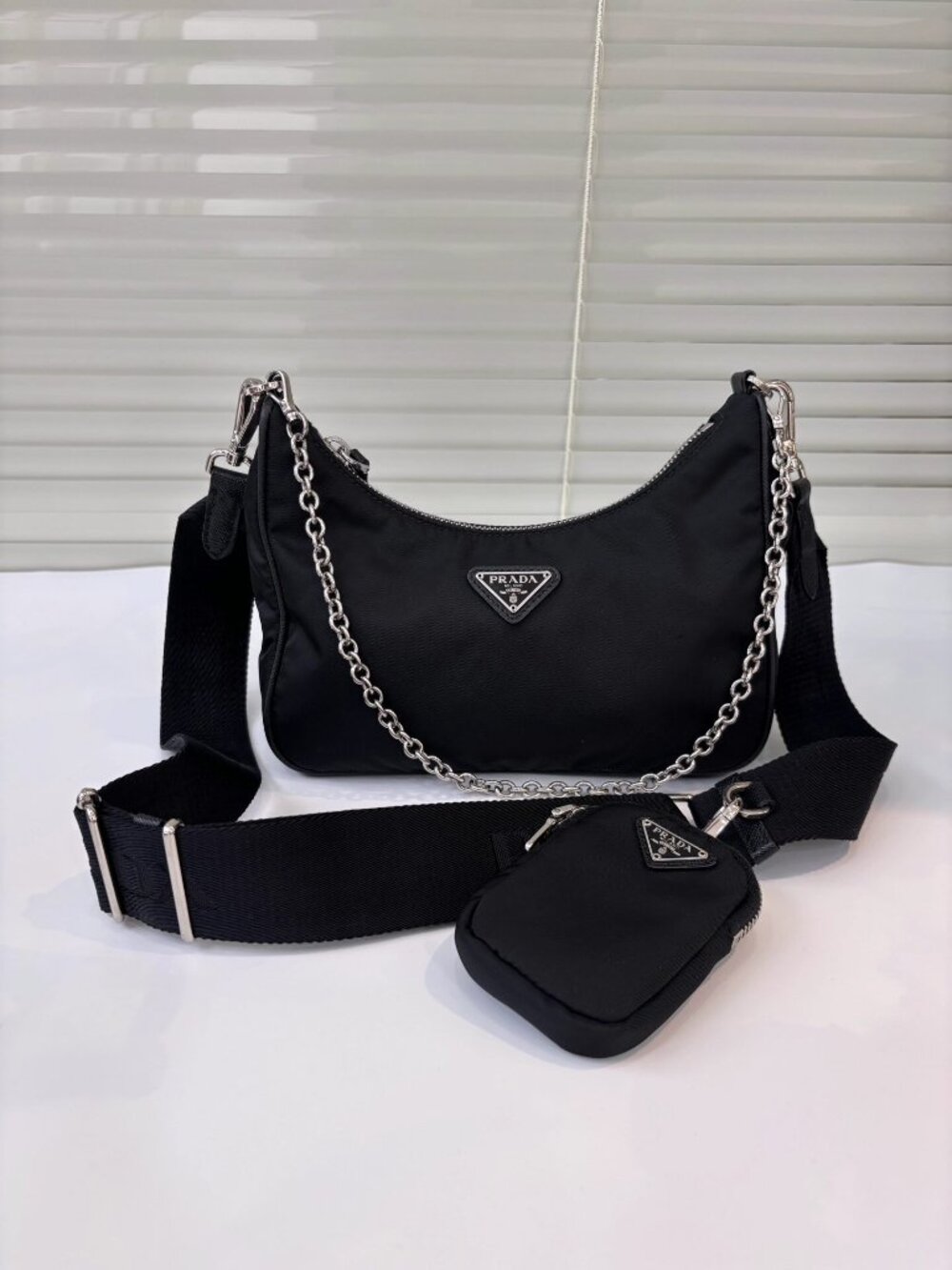 Prada Re-Edition 2005 Nylon Shoulder Bag with Pouch - Black Silver Hardware